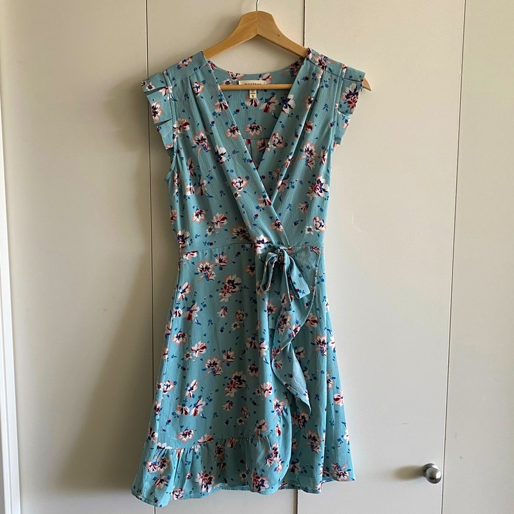 Monteau blue floral dress faux wrap style
